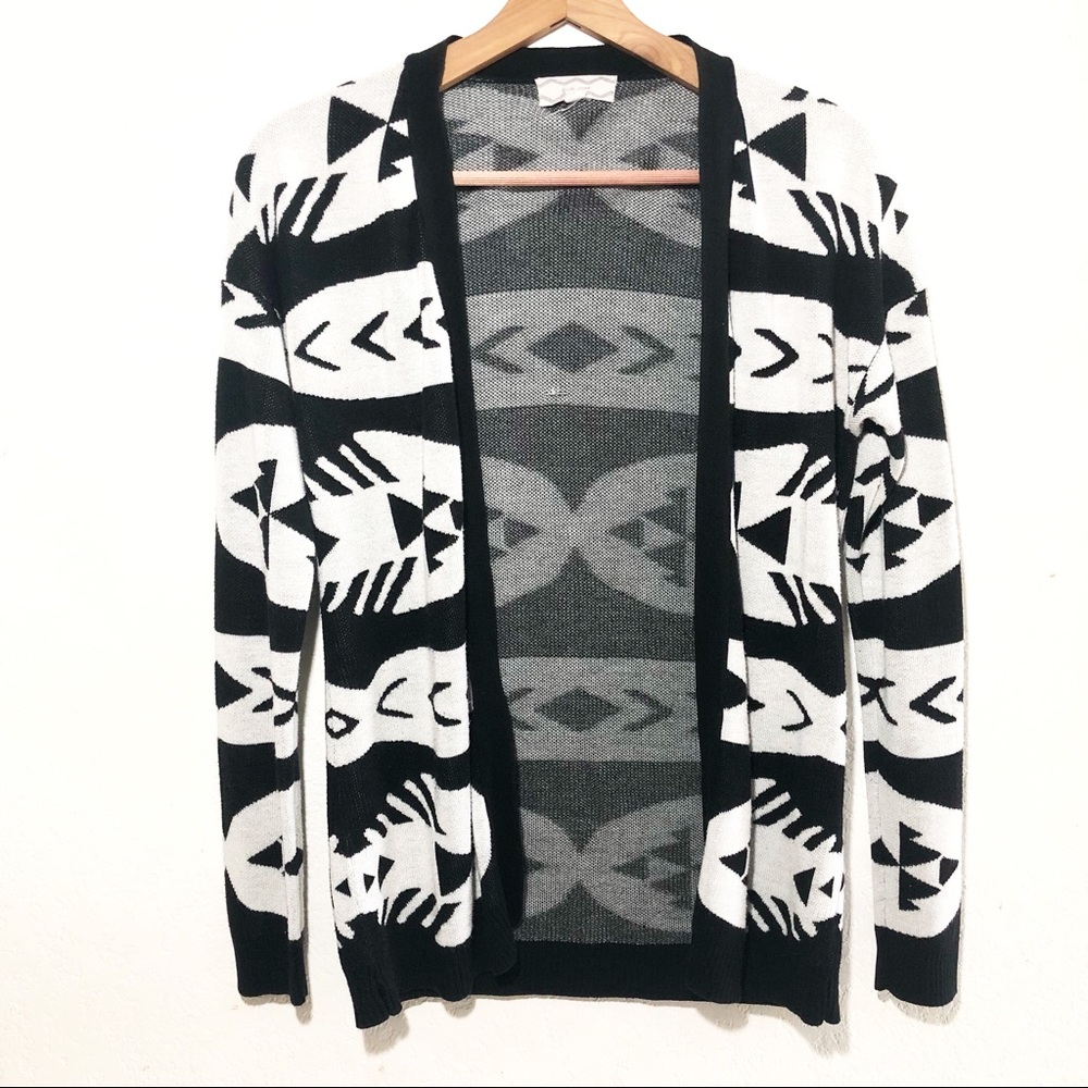 Pink Rose Black & White Aztec Print Open Cardigan - Picture 1 of 3